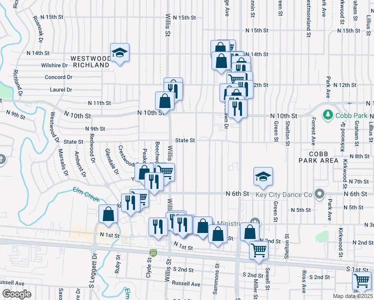 map of restaurants, bars, coffee shops, grocery stores, and more near 817 Glenhaven Drive in Abilene