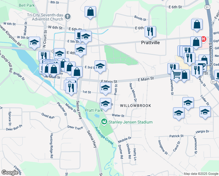 map of restaurants, bars, coffee shops, grocery stores, and more near 333 Moncrief Street in Prattville