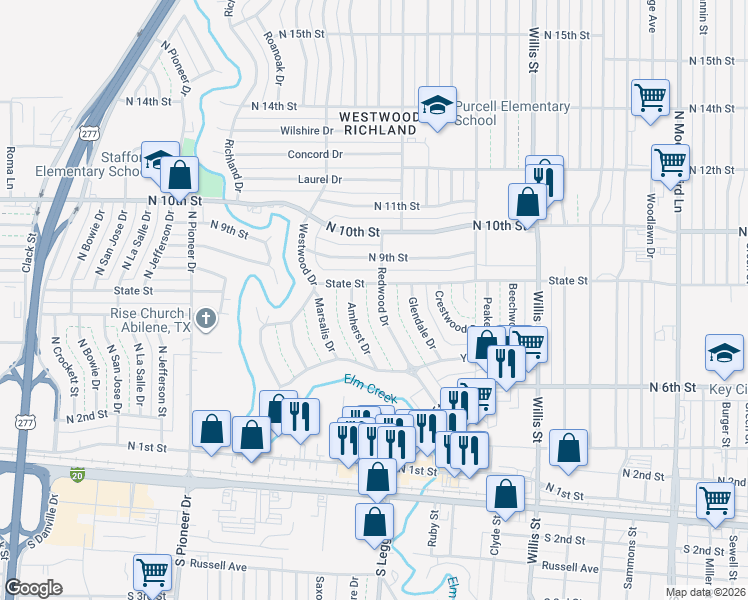 map of restaurants, bars, coffee shops, grocery stores, and more near 818 Redwood Drive in Abilene
