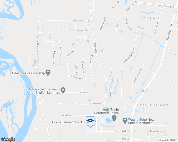 map of restaurants, bars, coffee shops, grocery stores, and more near 28 Marsh Drive in Beaufort
