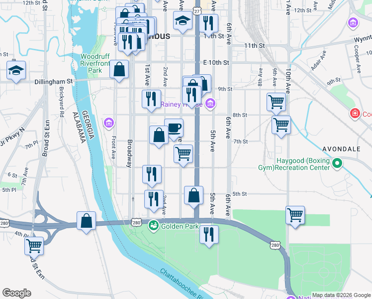 map of restaurants, bars, coffee shops, grocery stores, and more near 634 3rd Avenue in Columbus