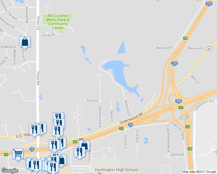 map of restaurants, bars, coffee shops, grocery stores, and more near 4294 Wildwood Drive in Shreveport