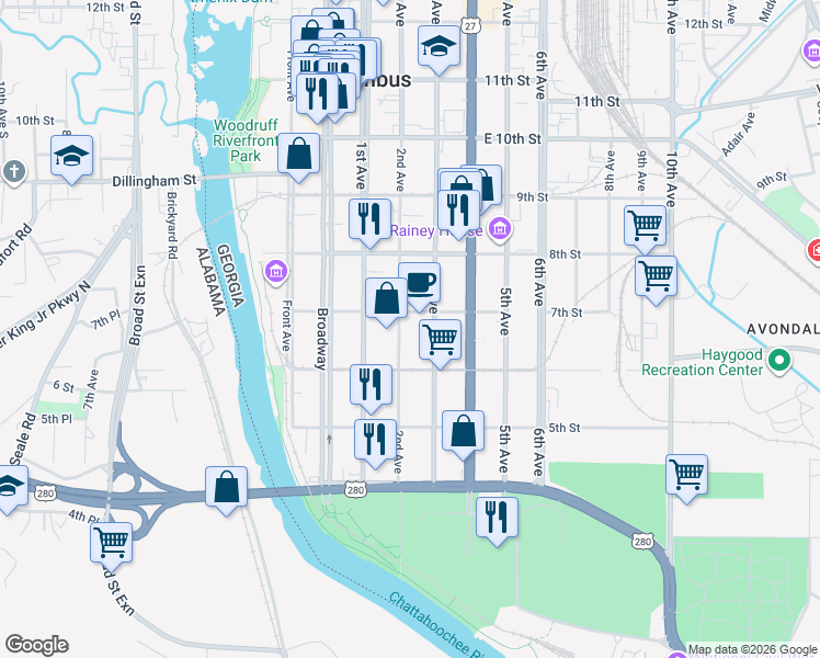 map of restaurants, bars, coffee shops, grocery stores, and more near 634 2nd Avenue in Columbus