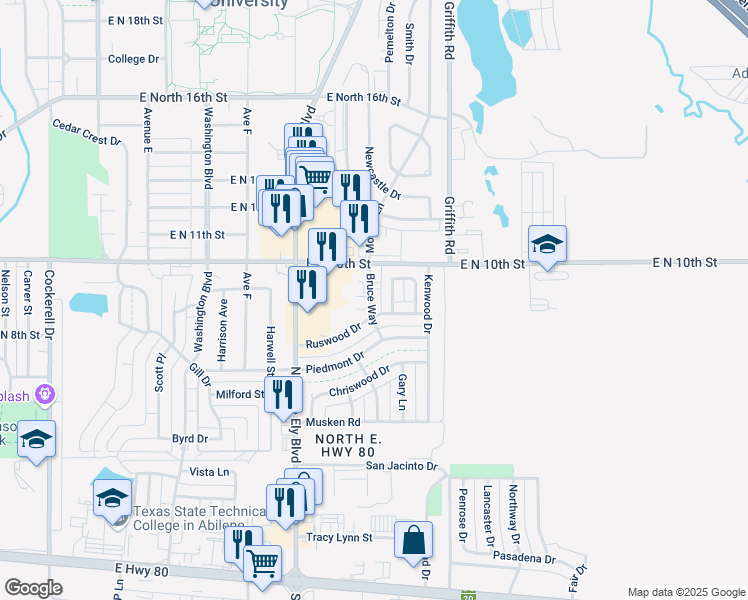 map of restaurants, bars, coffee shops, grocery stores, and more near 913 Bruce Way in Abilene