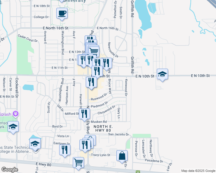 map of restaurants, bars, coffee shops, grocery stores, and more near 1 Amanda in Abilene
