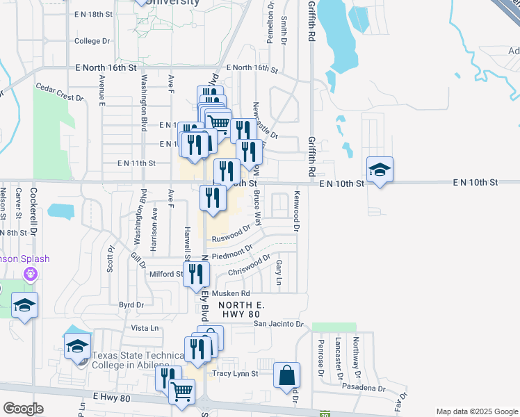 map of restaurants, bars, coffee shops, grocery stores, and more near 915 Bruce Way in Abilene