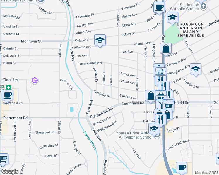 map of restaurants, bars, coffee shops, grocery stores, and more near 4602 Tibbs Street in Shreveport