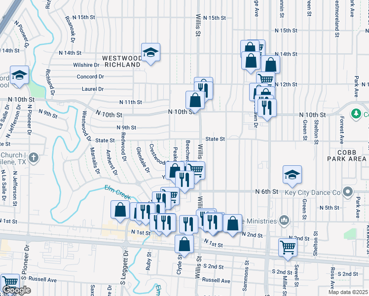 map of restaurants, bars, coffee shops, grocery stores, and more near 834 Beechwood Ln in Abilene