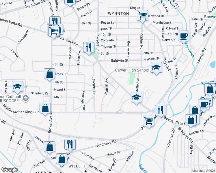 map of restaurants, bars, coffee shops, grocery stores, and more near 612 Radcliff Avenue in Columbus
