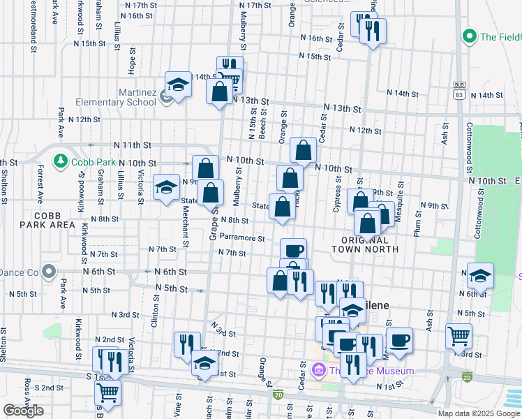 map of restaurants, bars, coffee shops, grocery stores, and more near 833 Beech Street in Abilene