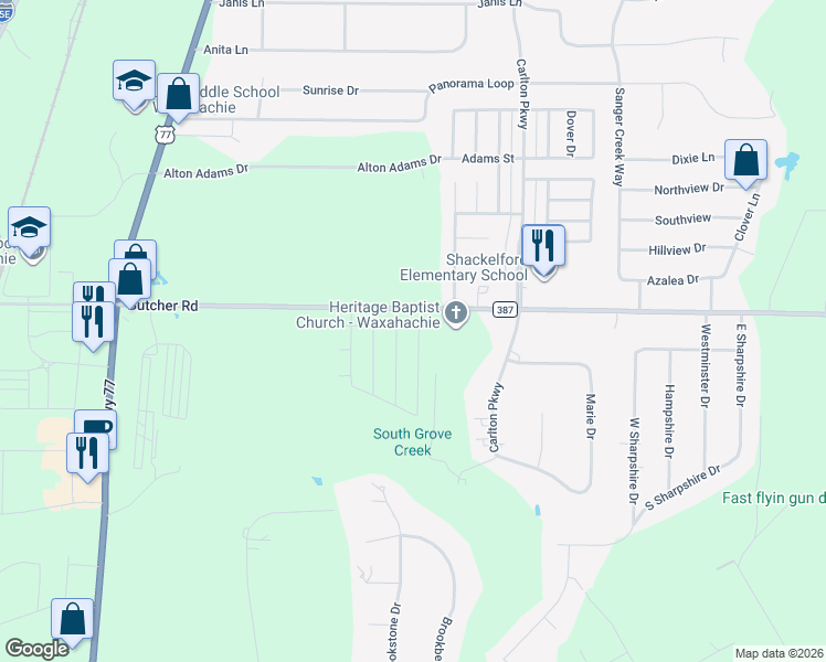 map of restaurants, bars, coffee shops, grocery stores, and more near 104 Logan Lane in Waxahachie