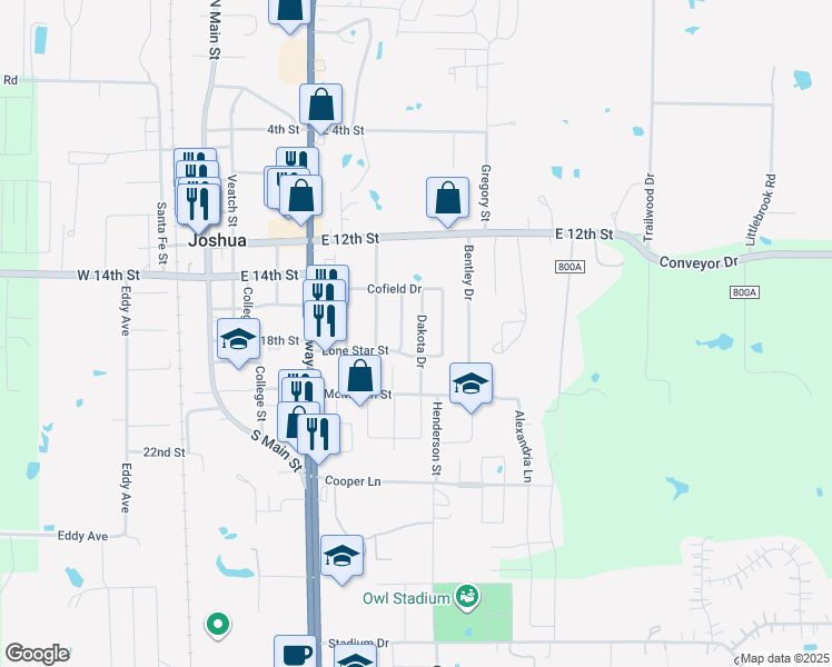 map of restaurants, bars, coffee shops, grocery stores, and more near 415 Dakota Drive in Joshua