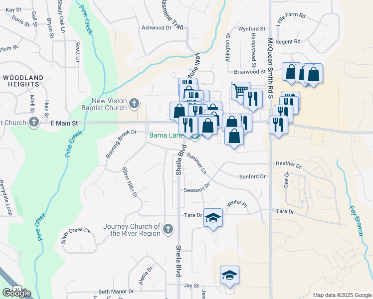 map of restaurants, bars, coffee shops, grocery stores, and more near 700 Sheila Boulevard in Prattville