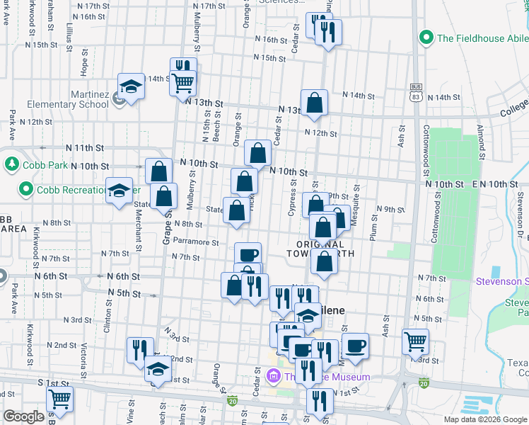 map of restaurants, bars, coffee shops, grocery stores, and more near 842 Cedar Street in Abilene