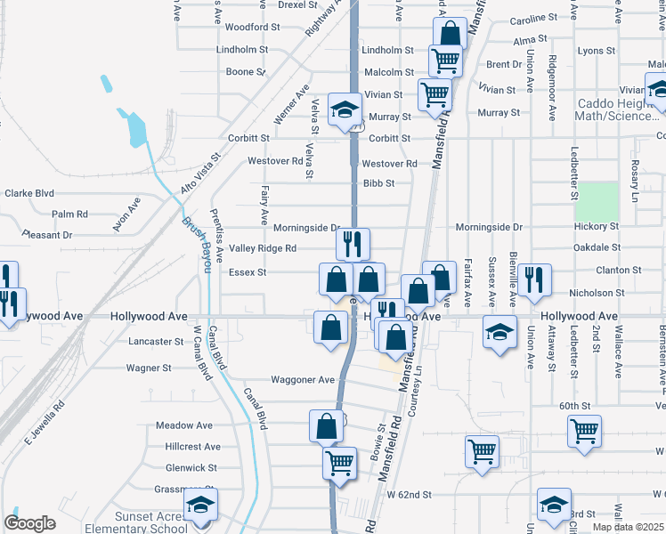 map of restaurants, bars, coffee shops, grocery stores, and more near 2724 Essex Street in Shreveport