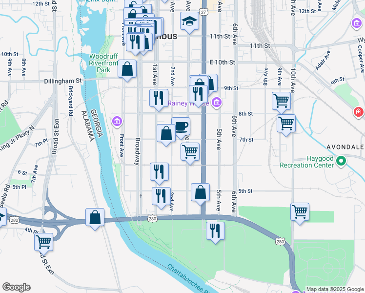 map of restaurants, bars, coffee shops, grocery stores, and more near 634 2nd Avenue in Columbus