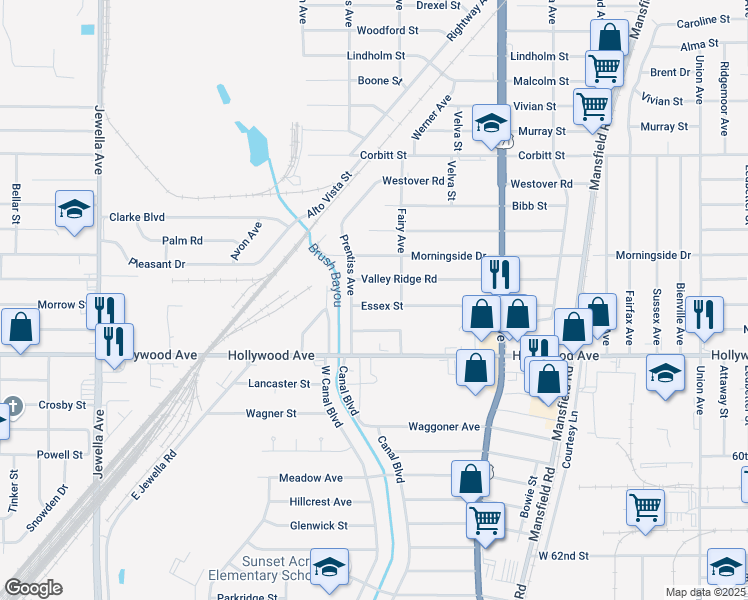 map of restaurants, bars, coffee shops, grocery stores, and more near 3028 Essex Street in Shreveport