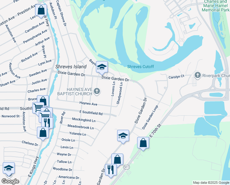 map of restaurants, bars, coffee shops, grocery stores, and more near 2035 Lovers Lane in Shreveport