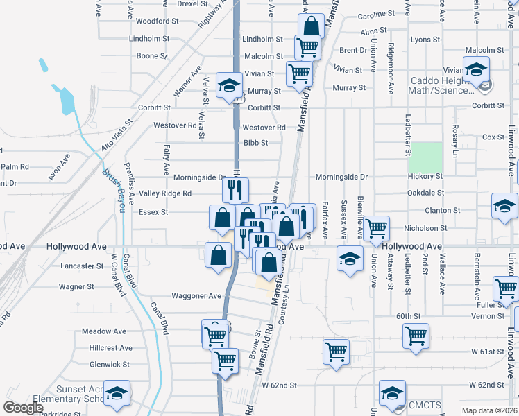 map of restaurants, bars, coffee shops, grocery stores, and more near 2624 Essex Street in Shreveport