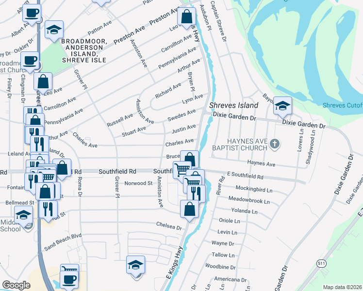 map of restaurants, bars, coffee shops, grocery stores, and more near 139 Charles Avenue in Shreveport
