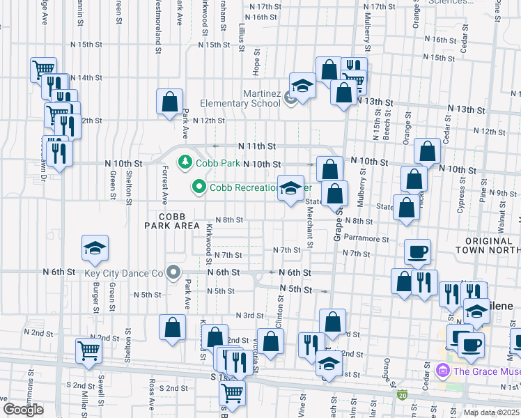 map of restaurants, bars, coffee shops, grocery stores, and more near 834 Victoria Street in Abilene