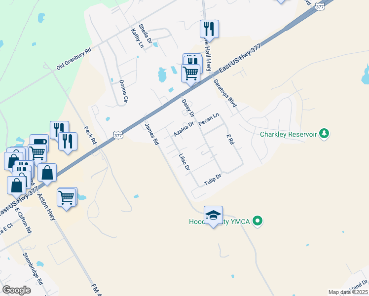 map of restaurants, bars, coffee shops, grocery stores, and more near 4507 Eastview Court in Granbury