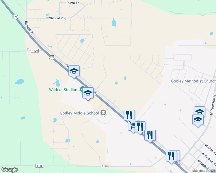 map of restaurants, bars, coffee shops, grocery stores, and more near 9408 Railroad St in Godley
