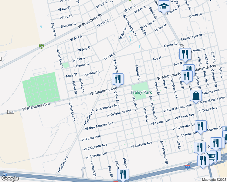 map of restaurants, bars, coffee shops, grocery stores, and more near 911 West Alabama Avenue in Sweetwater