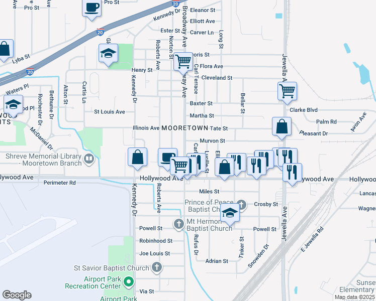map of restaurants, bars, coffee shops, grocery stores, and more near 5513 Broadway Avenue in Shreveport
