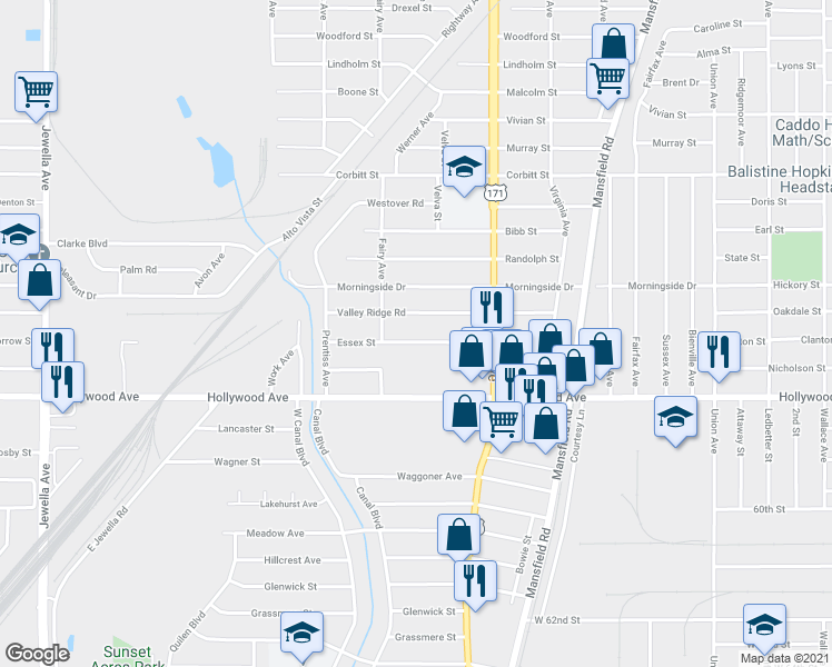 map of restaurants, bars, coffee shops, grocery stores, and more near 2824 Essex Street in Shreveport