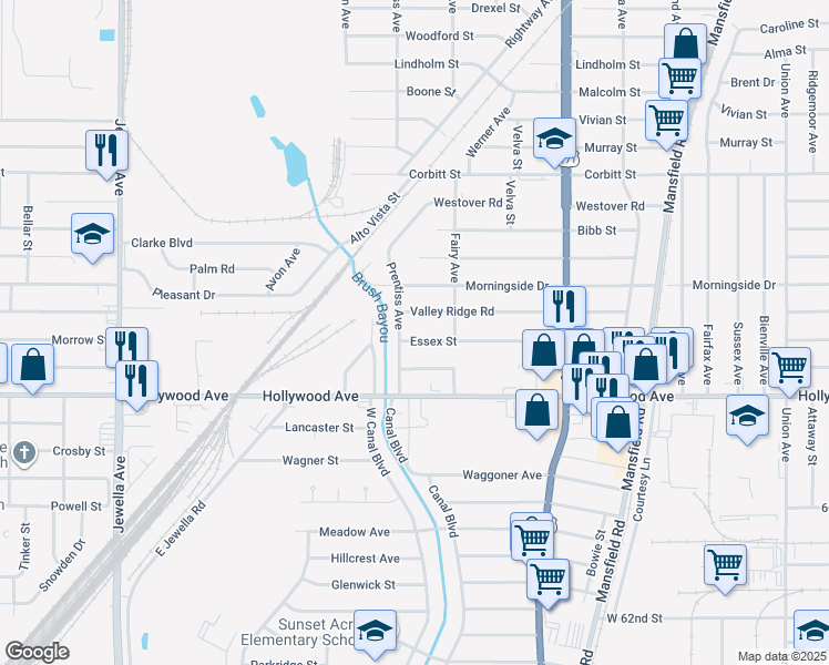 map of restaurants, bars, coffee shops, grocery stores, and more near 3040 Essex Street in Shreveport