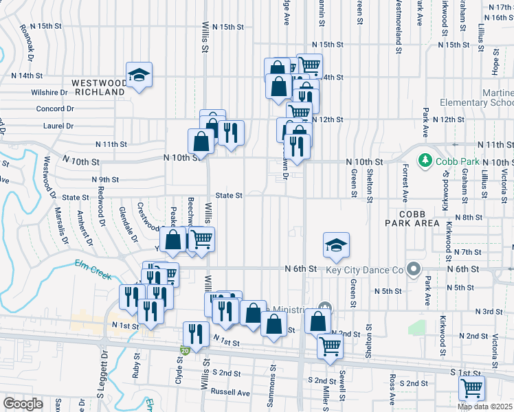 map of restaurants, bars, coffee shops, grocery stores, and more near 825 Briarwood Street in Abilene
