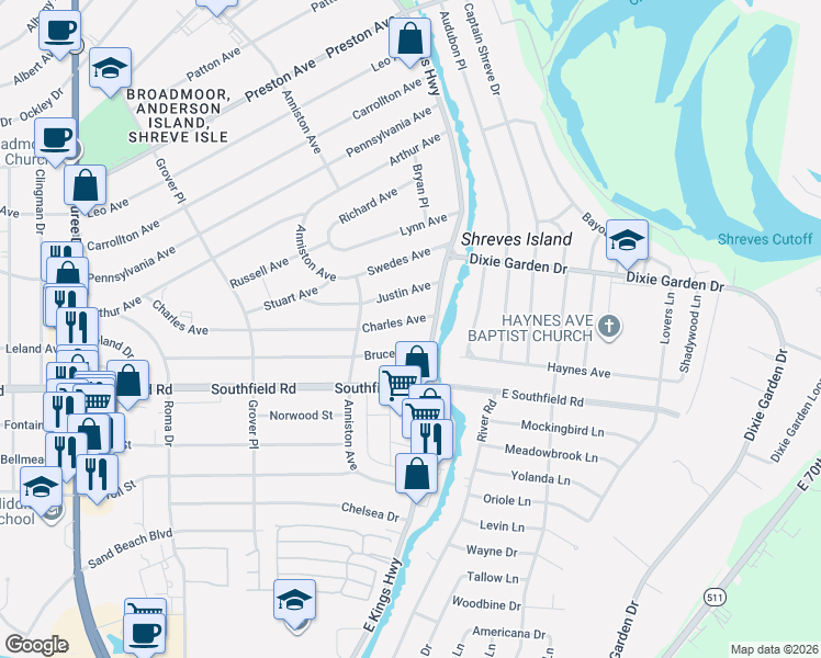 map of restaurants, bars, coffee shops, grocery stores, and more near 139 Charles Avenue in Shreveport