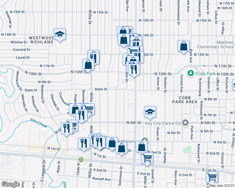 map of restaurants, bars, coffee shops, grocery stores, and more near 825 Briarwood Street in Abilene