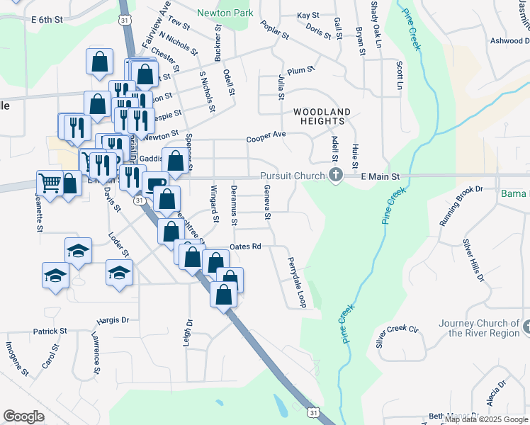 map of restaurants, bars, coffee shops, grocery stores, and more near 1170 Josephine Avenue in Prattville