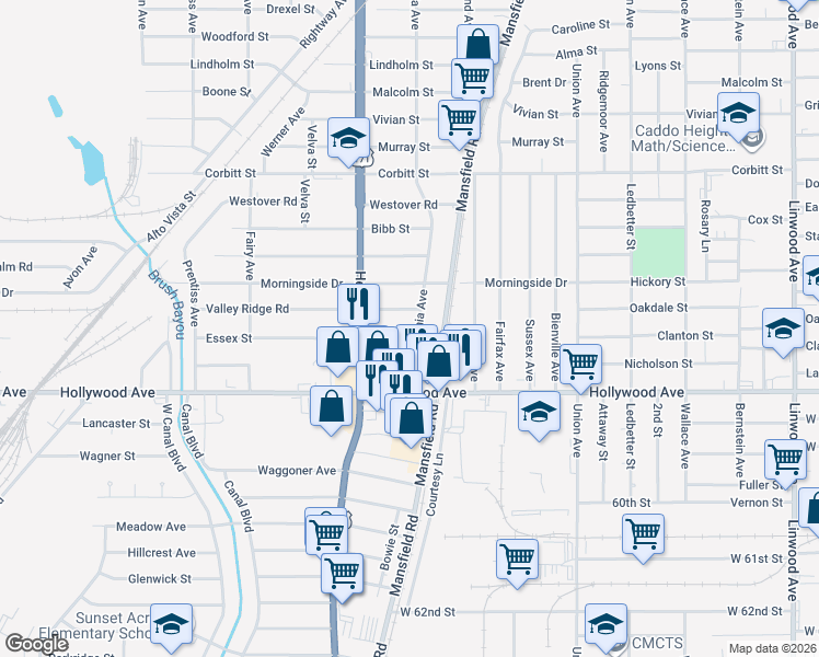 map of restaurants, bars, coffee shops, grocery stores, and more near 2624 Essex Street in Shreveport