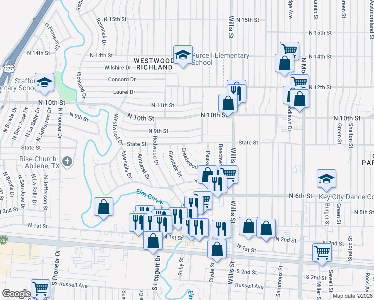 map of restaurants, bars, coffee shops, grocery stores, and more near 829 Crestwood Drive in Abilene