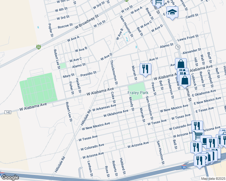 map of restaurants, bars, coffee shops, grocery stores, and more near 911 West Alabama Avenue in Sweetwater