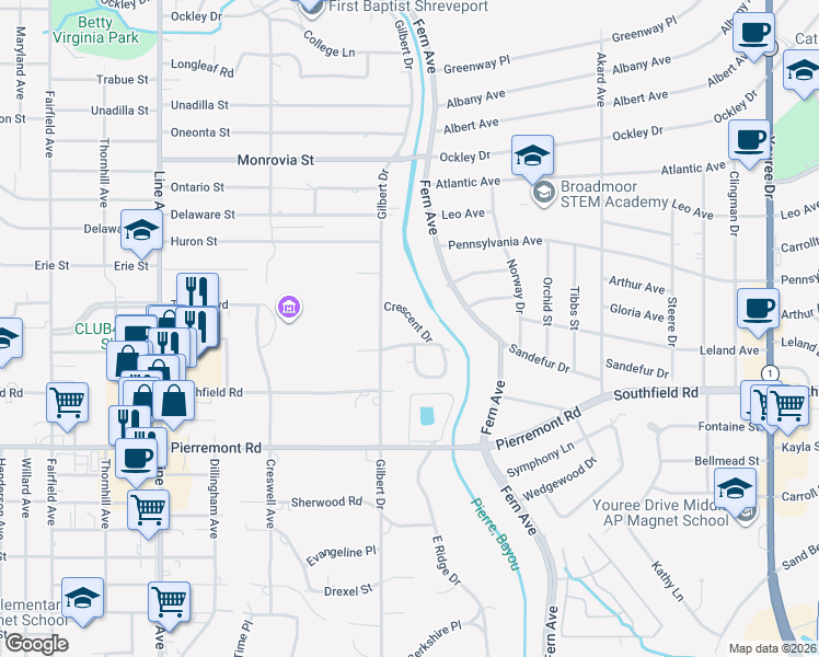 map of restaurants, bars, coffee shops, grocery stores, and more near 4728 Crescent Drive in Shreveport