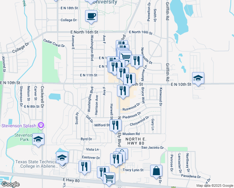 map of restaurants, bars, coffee shops, grocery stores, and more near 926 North Judge Ely Boulevard in Abilene