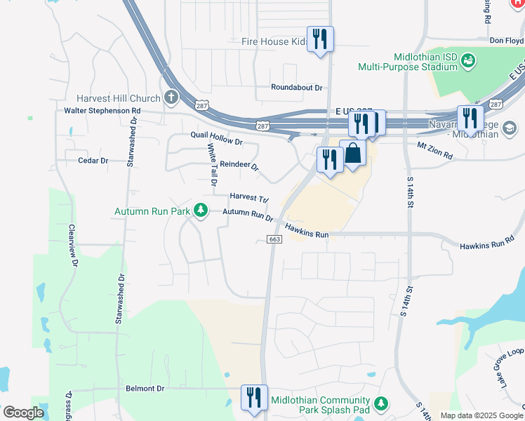 map of restaurants, bars, coffee shops, grocery stores, and more near 401 Autumn Run Drive in Midlothian