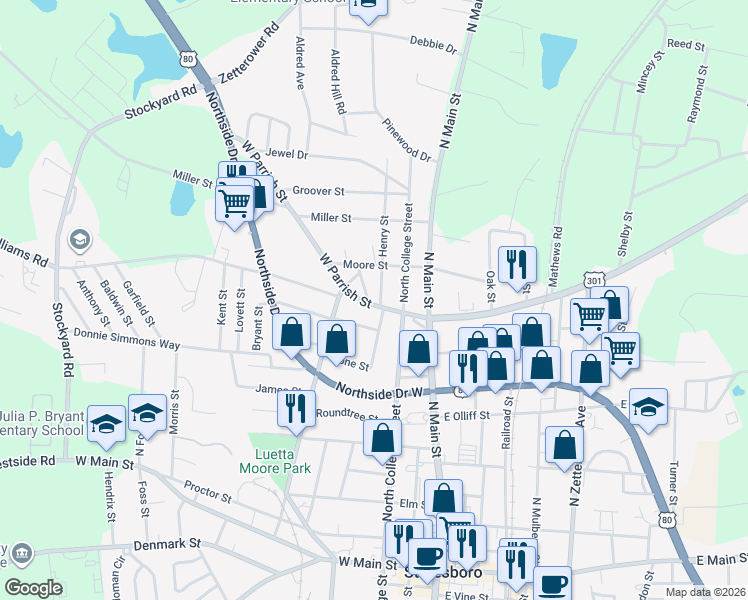 map of restaurants, bars, coffee shops, grocery stores, and more near 3 Henry Street in Statesboro