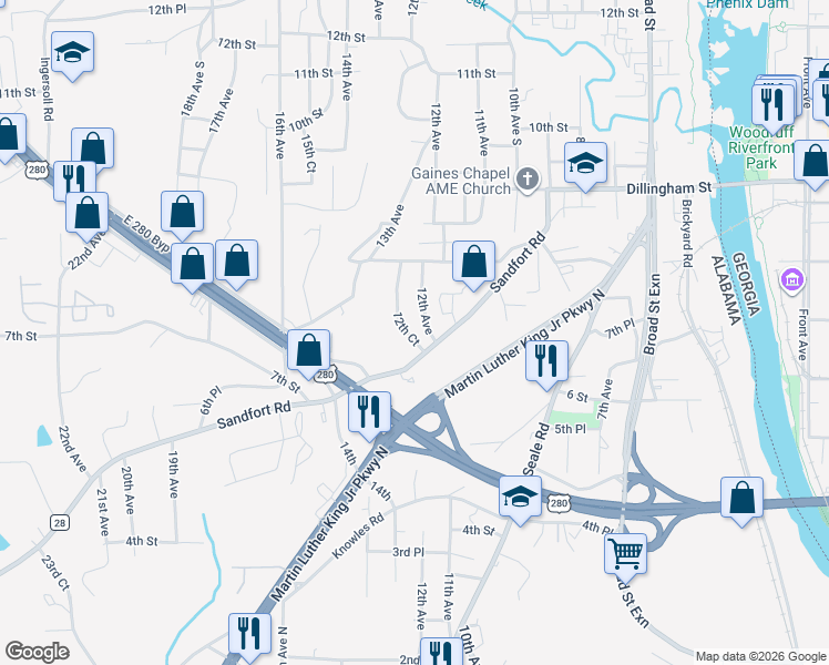 map of restaurants, bars, coffee shops, grocery stores, and more near 702 12th Court in Phenix City