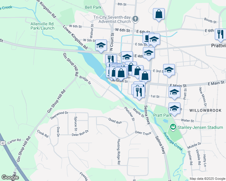 map of restaurants, bars, coffee shops, grocery stores, and more near 115 Maple Street in Prattville
