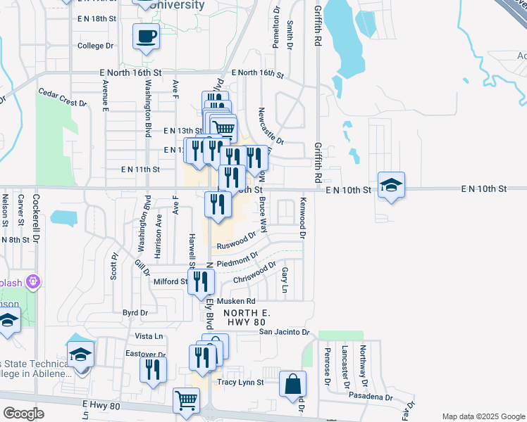 map of restaurants, bars, coffee shops, grocery stores, and more near 906 Ruswood Circle in Abilene