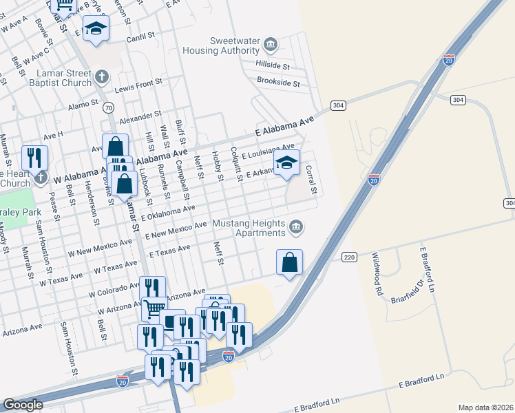 map of restaurants, bars, coffee shops, grocery stores, and more near 701 East New Mexico Avenue in Sweetwater