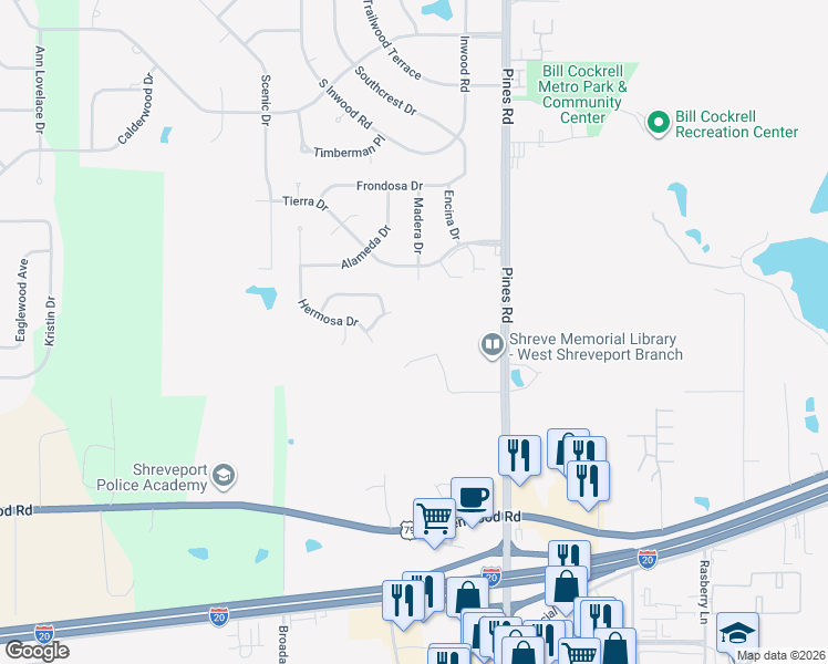 map of restaurants, bars, coffee shops, grocery stores, and more near 4312 Flores Cir in Shreveport