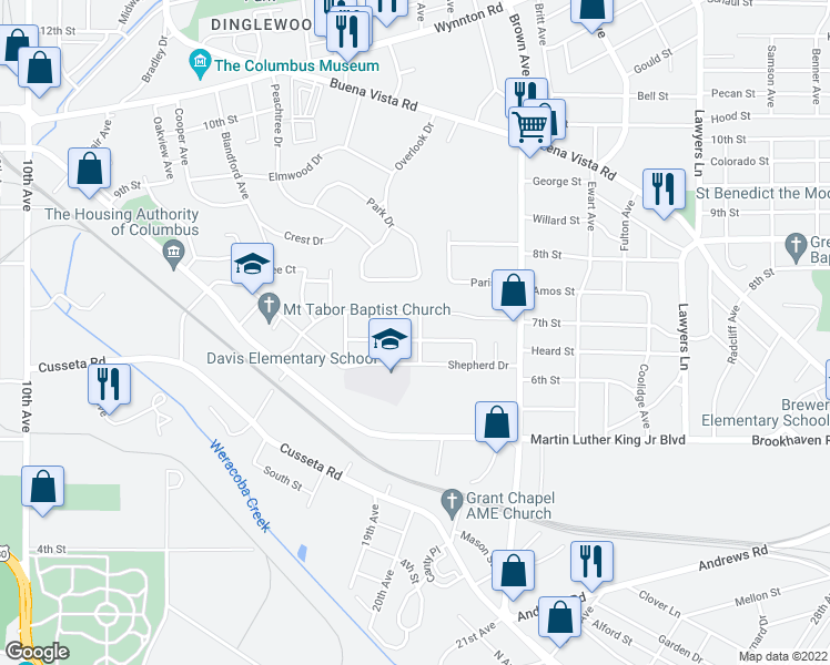 map of restaurants, bars, coffee shops, grocery stores, and more near 1819 Nina Street in Columbus