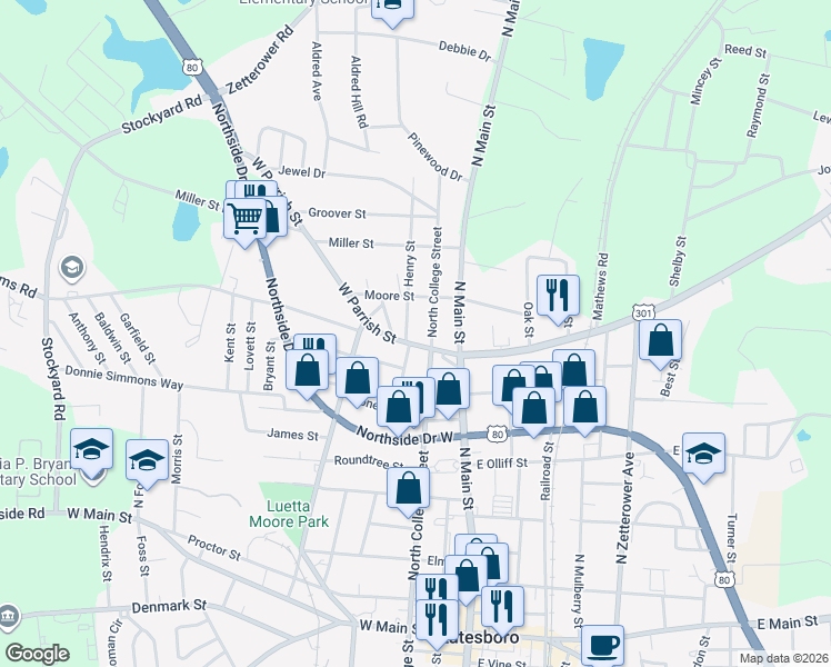 map of restaurants, bars, coffee shops, grocery stores, and more near 3 Henry Street in Statesboro