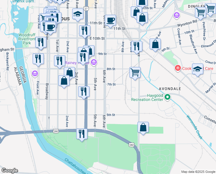 map of restaurants, bars, coffee shops, grocery stores, and more near 614 7th Street in Columbus